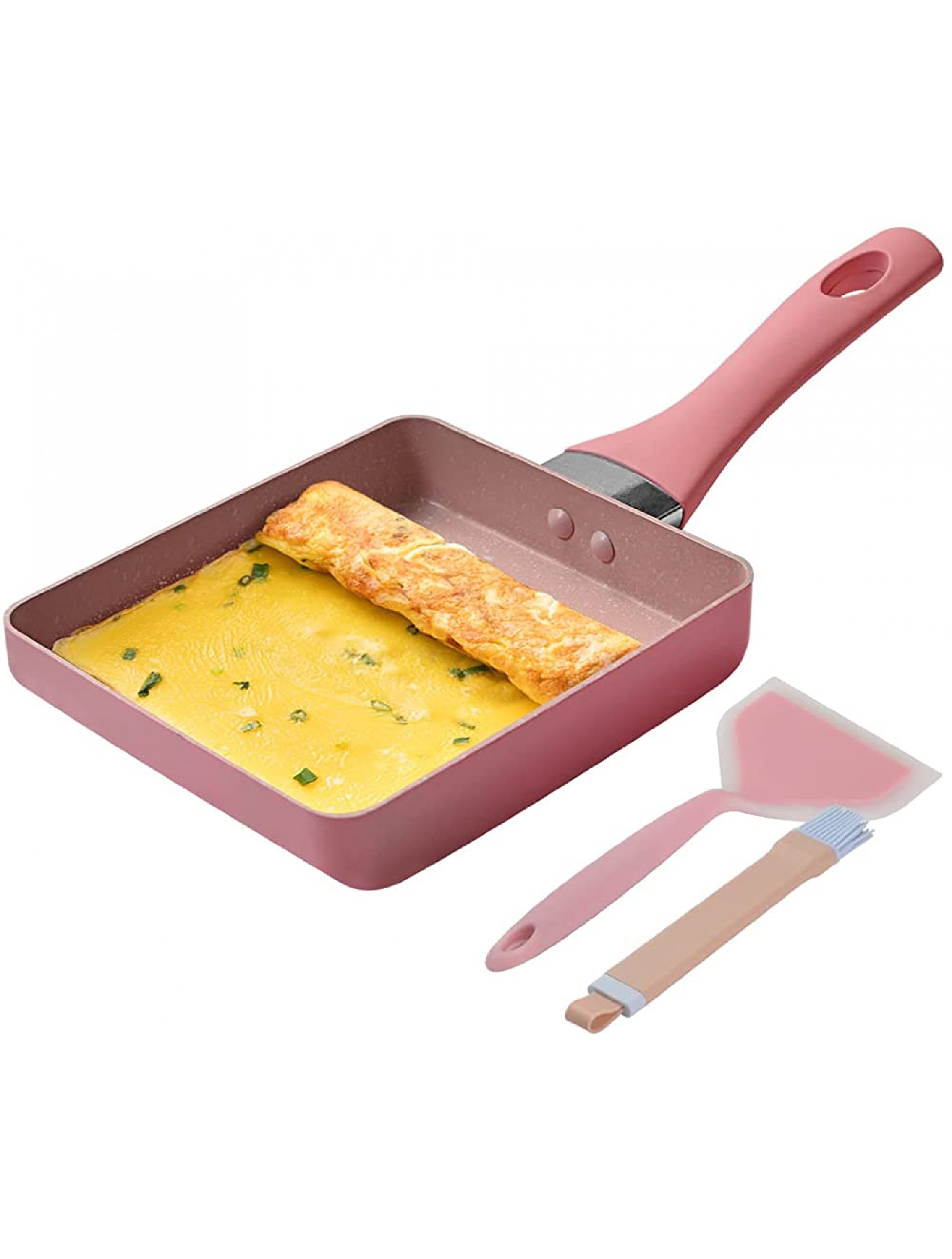 Funland Tamagoyaki Pan Nonstcik Japanese Omelette Egg Pan 7’’x 6’’ Small Square Frying with Silicone Spatula & Brush Pink - BWLPWTPTL