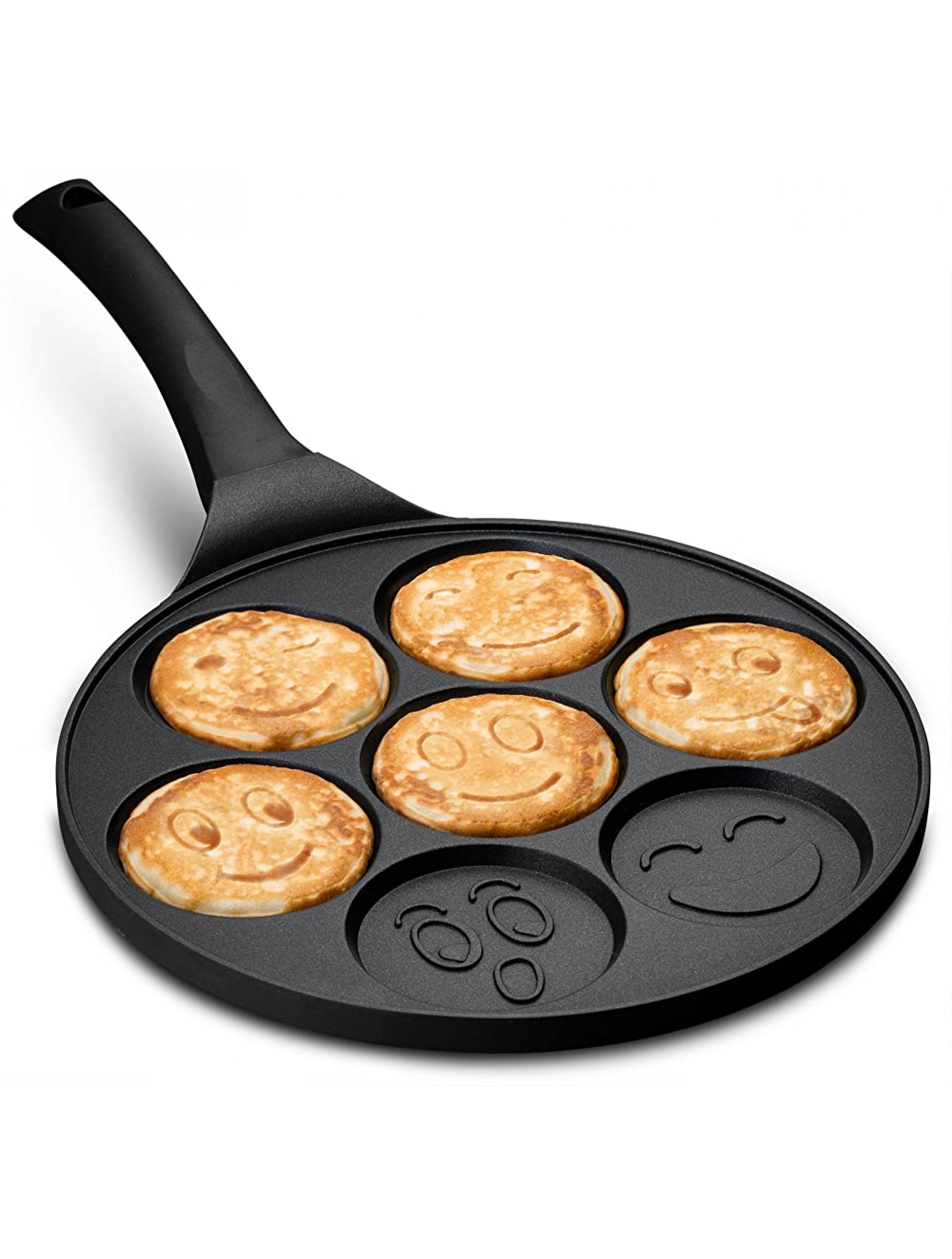 Gourmia GPA9540 Emoji Smiley Face Pancake Pan Fun 7 Emoji Mini Pancake and Flapjack Maker Die Cast Aluminum Double Layer Nonstick Coating Cool-to-Touch Handle - B35L3AUIM