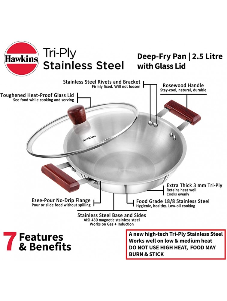 Hawkins Triply 3 mm Stainless Steel Deep Fry Pan 2.5 LTR with Lid Silver SSD25G Standard - BDBD3ZIB2