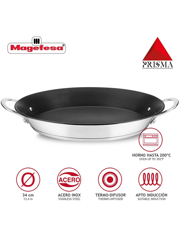 MAGEFESA Prisma – 13.4 inches Paella pan made of 18 10 stainless steel triple layer non-stick for all types of kitchens INDUCTION dishwasher and oven safe up to 392ºF - BITH0S4EQ