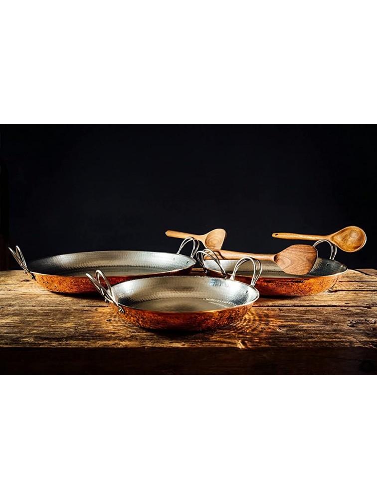 Sertodo Copper Alicante Paella style Cooking Serving Pan 6 Inch Diameter Pure Copper Heavy Gauge Hand Hammered Patented Stainless Steel Handles - B53ES7XFA