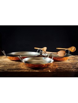 Sertodo Copper Alicante Paella style Cooking Serving Pan 8 Inch Diameter Pure Copper Heavy Gauge Hand Hammered Patented Stainless Steel Handles - B0J7N6PM0