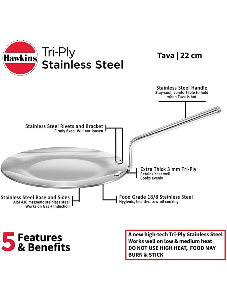 Hawkins Tri-Ply Stainless Steel Induction Compatible Tava Diameter 22 cm Thickness 3.5 mm Silver SSTV22 - BJ0H7P4NU