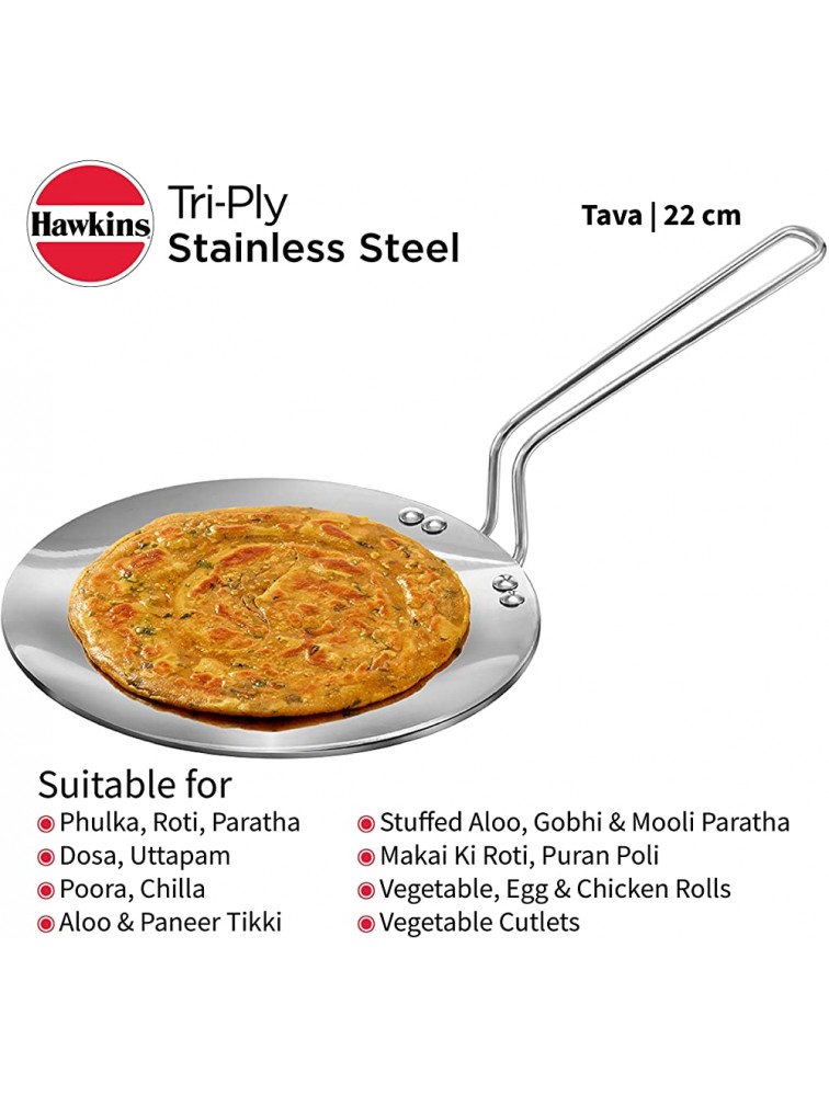 Hawkins Tri-Ply Stainless Steel Induction Compatible Tava Diameter 22 cm Thickness 3.5 mm Silver SSTV22 - BJ0H7P4NU