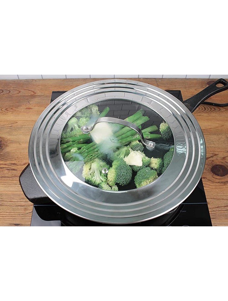 RSVP International Endurance Universal Lid with Glass Insert Stainless Steel Fits 5.5 9 | Secure Tempered Glass | Fits Frying Sauté Sauce Stock Pots & Pans | Dishwasher & Oven Safe - BMWD8HEUN