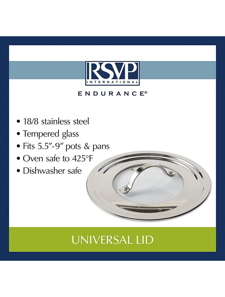 RSVP International Endurance Universal Lid with Glass Insert Stainless Steel Fits 5.5 9 | Secure Tempered Glass | Fits Frying Sauté Sauce Stock Pots & Pans | Dishwasher & Oven Safe - BMWD8HEUN