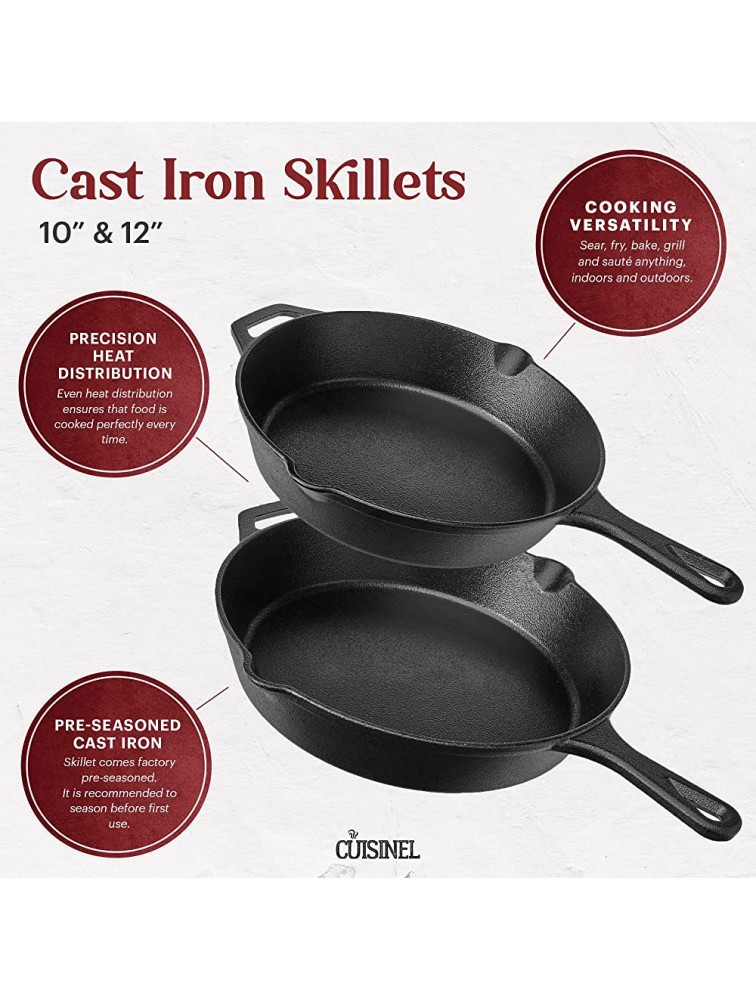 Cast Iron Skillet Set 10 + 12-Inch Pre-Seasoned Frying Pans + Glass Lids + Silicone Handle Cover Grips Indoor Outdoor Use Grill Oven Stovetop Induction BBQ Firepit Safe Kitchen Cookware - B6CKBBIDP