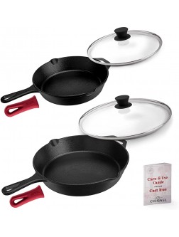 Cast Iron Skillet Set 10" + 12"-Inch Pre-Seasoned Frying Pans + Glass Lids + Silicone Handle Cover Grips Indoor Outdoor Use Grill Oven Stovetop Induction BBQ Firepit Safe Kitchen Cookware - B6CKBBIDP