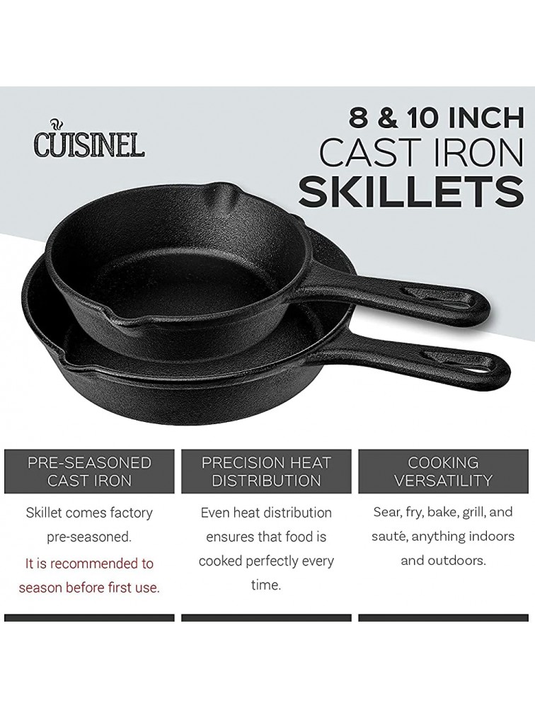 Cast Iron Skillet Set 8 + 10-Inch Frying Pan + 2 Heat-Resistant Handle Holder Grip Covers Pre-Seasoned Oven Safe Cookware Indoor Outdoor Use Grill Firepit BBQ Stovetop Induction Safe - BIA6FFNSM