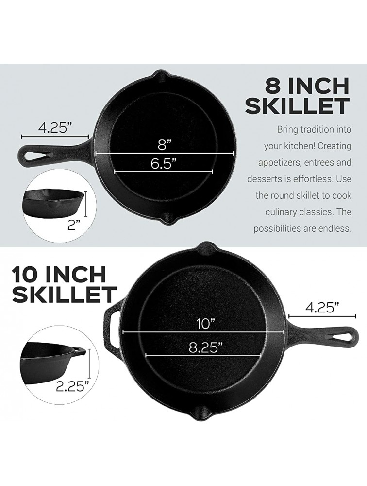 Cast Iron Skillet Set 8 + 10-Inch Frying Pan + 2 Heat-Resistant Handle Holder Grip Covers Pre-Seasoned Oven Safe Cookware Indoor Outdoor Use Grill Firepit BBQ Stovetop Induction Safe - BIA6FFNSM