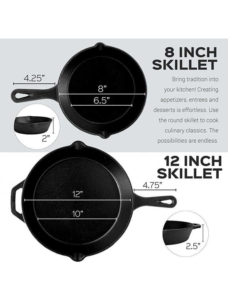 Cast Iron Skillet Set 8 + 12-Inch Frying Pan + Glass Lids Pre-Seasoned Oven Safe Cookware Heat-Resistant Holders Indoor Outdoor Use Camping Grill Stovetop BBQ Firepit Induction Safe - BAMPXPNIF