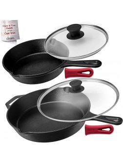 Cast Iron Skillet Set 8" + 12"-Inch Frying Pan + Glass Lids Pre-Seasoned Oven Safe Cookware Heat-Resistant Holders Indoor Outdoor Use Camping Grill Stovetop BBQ Firepit Induction Safe - BAMPXPNIF