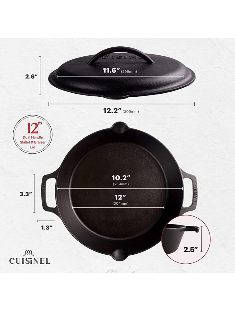 Cast Iron Skillet with Cast Iron Lid 12-Inch Dual Handle Frying Pan + Pan Scraper + Silicone Handle Holder Covers Pre-Seasoned Oven Safe Cookware Indoor Outdoor Grill Stovetop Induction Safe - BIMNMXUE8
