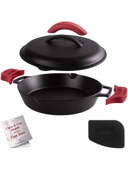 Cast Iron Skillet with Cast Iron Lid 12"-Inch Dual Handle Frying Pan + Pan Scraper + Silicone Handle Holder Covers Pre-Seasoned Oven Safe Cookware Indoor Outdoor Grill Stovetop Induction Safe - BIMNMXUE8