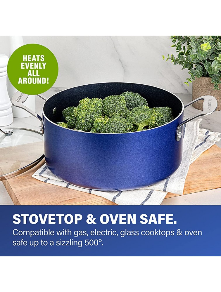 Granitestone Blue 5 Quart Stock Pot with Ultra Nonstick & Durable Mineral Derived & Diamond Reinforced Surface Stay Cool Handles & Tempered Glass Lid - BU2T6KBEL