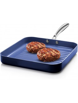 Granitestone Blue Nonstick 10.5” Grilling Pan Diamond Infused Metal Utensil Sear Ridges for Grease Draining Stay Cool Stainless-Steel Handle Oven & Dishwasher Safe 100% PFOA Free - B94U99QQY