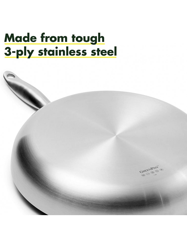 GreenPan Venice Pro Tri-Ply Stainless Steel Healthy Ceramic Nonstick 12 Frying Pan Skillet PFAS-Free Multi Clad Induction Dishwasher Safe Oven Safe Silver - B18ENL09J