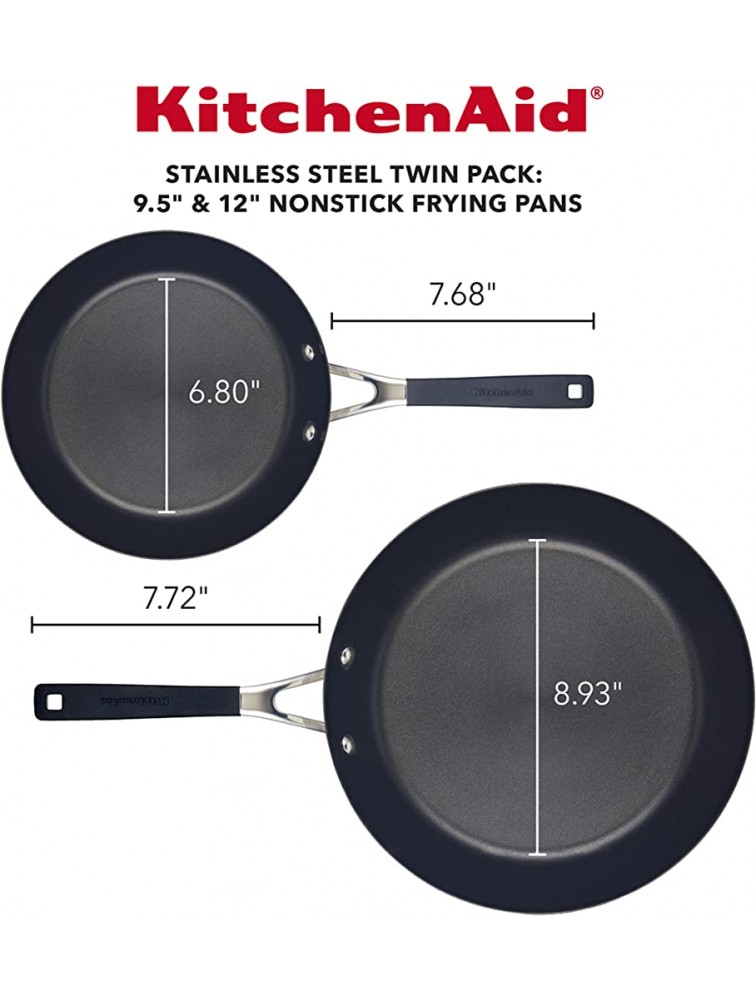 KitchenAid Stainless Steel Nonstick Frying Pans Skillet Set 9.5 Inch and 12 Inch Brushed Stainless Steel - BBFNY278D