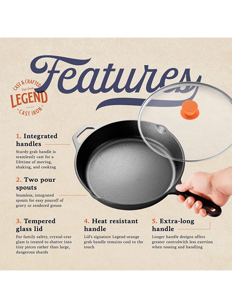 Legend Cast Iron Skillet with Lid | Large 12” Frying Pan with Glass Lid & Silicone Handle for Oven Induction Cooking Pizza Sautéing & Grilling | Lightly Pre-Seasoned Cookware Gets Better with Use - B6SFWLHRZ