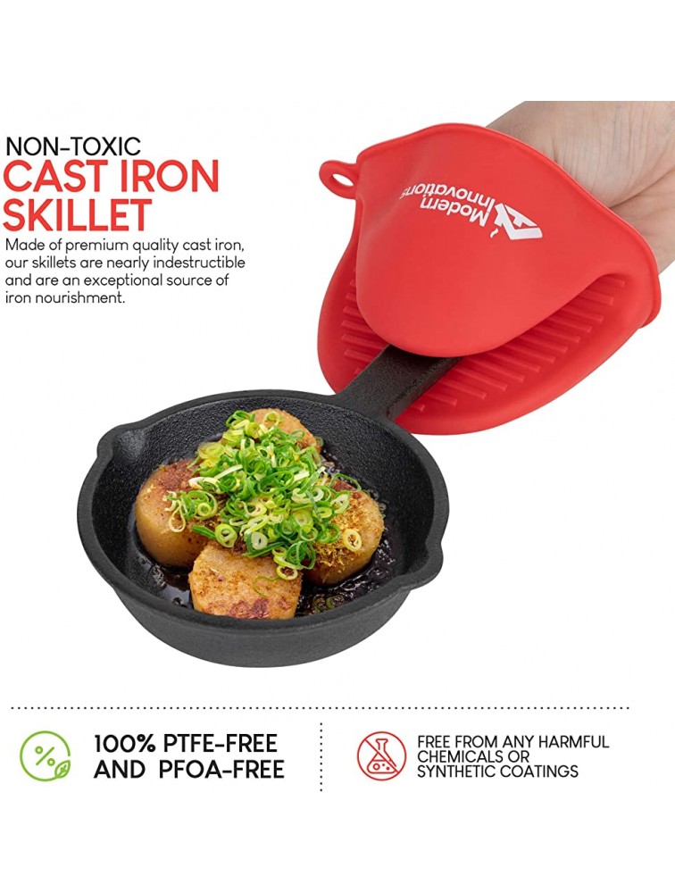 Modern Innovations Mini Cast Iron Skillet with Silicone Mitt 4 Count 3.5 Inch Mini Cast Iron Skillet Pre Seasoned Small Cast Iron Skillet Set Mini Cast Iron Skillets for Baked Cookie Brownie - BDVNWK1PV