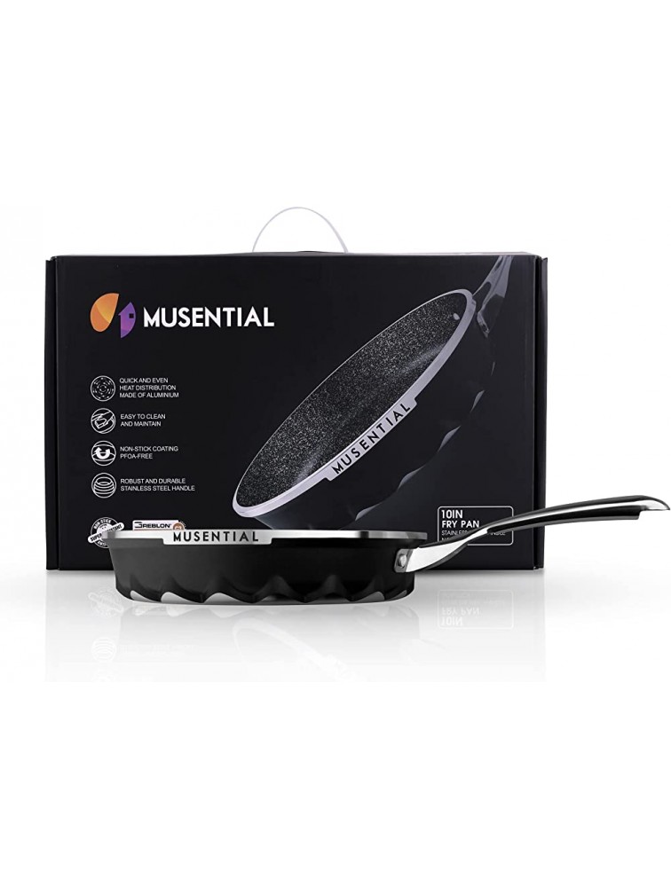 MUSENTIAL 10 Inch Aluminum Non-stick Frying Pan Skillet with Tempered Glass Lid PFOA-Free Non-stick Granite Coating Stainless Steel Handle Dishwasher Oven Safe Black - BZVHE9MWT