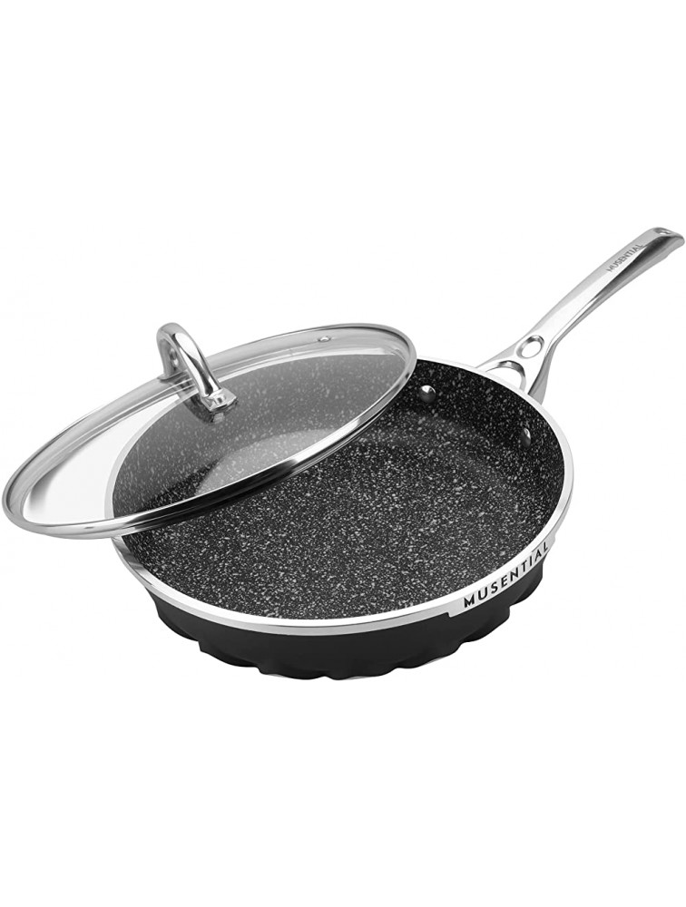 MUSENTIAL 10" Inch Aluminum Non-stick Frying Pan Skillet with Tempered Glass Lid PFOA-Free Non-stick Granite Coating Stainless Steel Handle Dishwasher Oven Safe Black - BZVHE9MWT