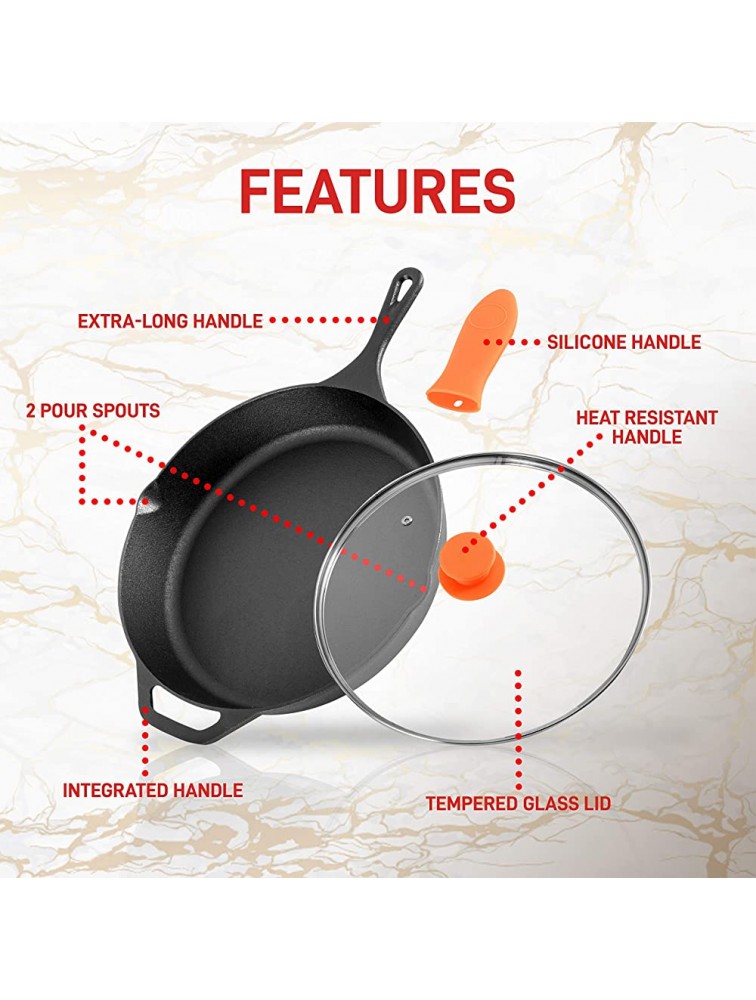 NutriChef NCCI10 NutriChef Pre-Seasoned Cast Iron Fry Pan with Glass Lid & Silicone Handle 10 inch Black - B6IC6254L