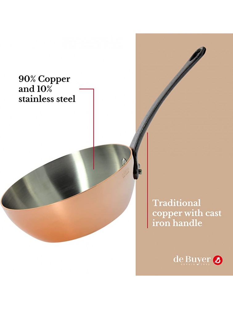 de Buyer Inocuivre Tradition Conical Saute Pan with Cast Iron Handle Copper Cookware with Stainless Steel Lining Oven Safe 6.25 - B9E1NL4R9