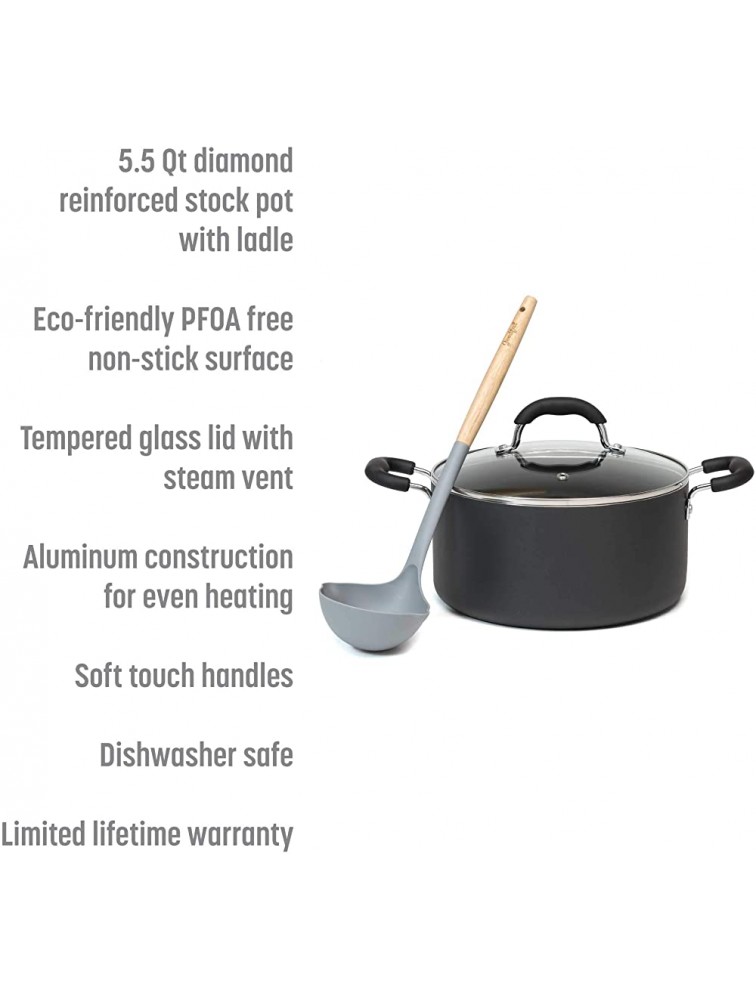 Goodful Aluminum Non-Stick Dutch Oven With Tempered Glass Steam Vented Lid and Nylon Soup Ladle Dishwasher Safe Cookware Made Without PFOA 5.5-Quart Stock Pot Charcoal Gray - B1879VJJB