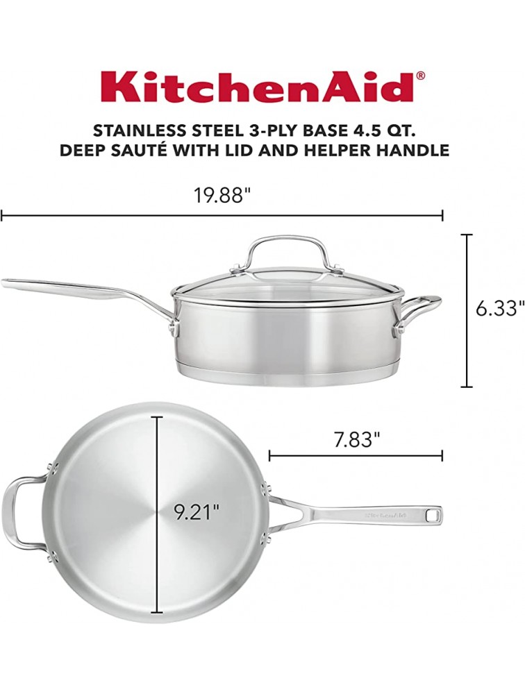 KitchenAid 3-Ply Base Brushed Stainless Steel Deep Saute Pan with Helper Handle and Lid 4.5 Quart - B4OOQFM1O