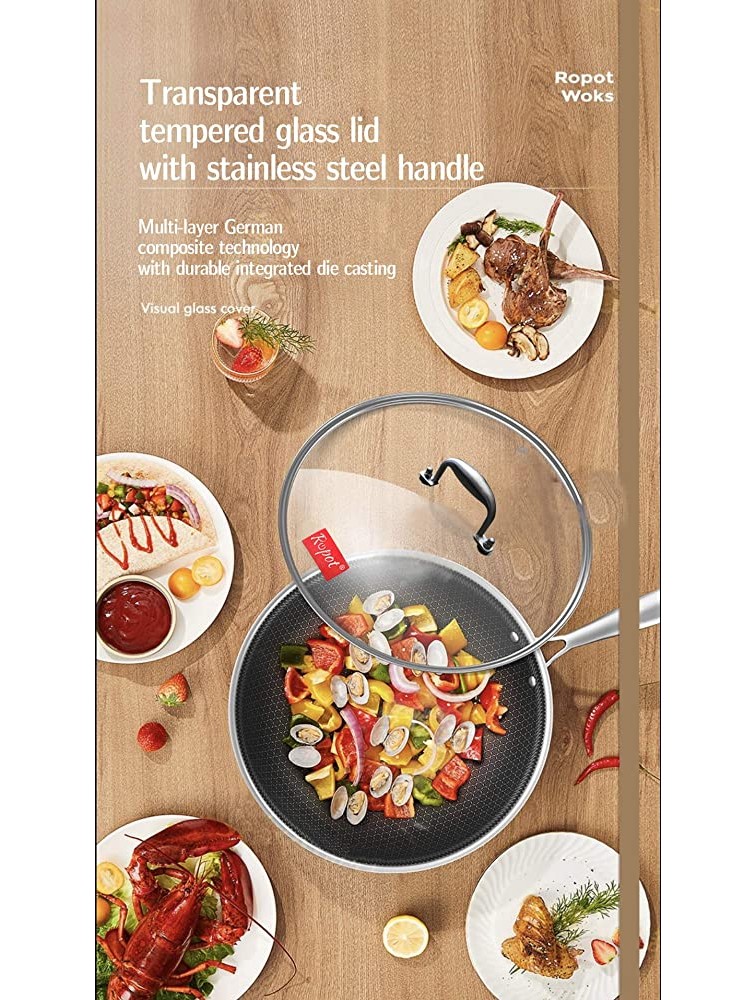 Ropot Woks-3 PC Honeycomb Non-Stick Stainless Steel Wok with Steamer and Glass Lid-For All Cooking Surfaces - B6QDMR1HO