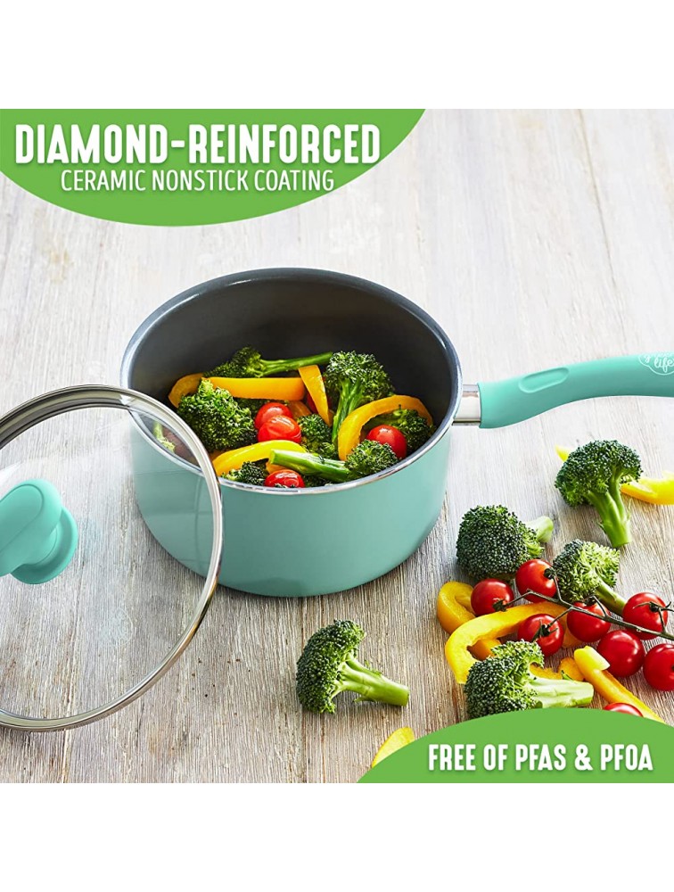 GreenLife Soft Grip Diamond Healthy Ceramic Nonstick 2QT Saucepan Pot with Lid PFAS-Free Dishwasher Safe Turquoise - BB5QID689