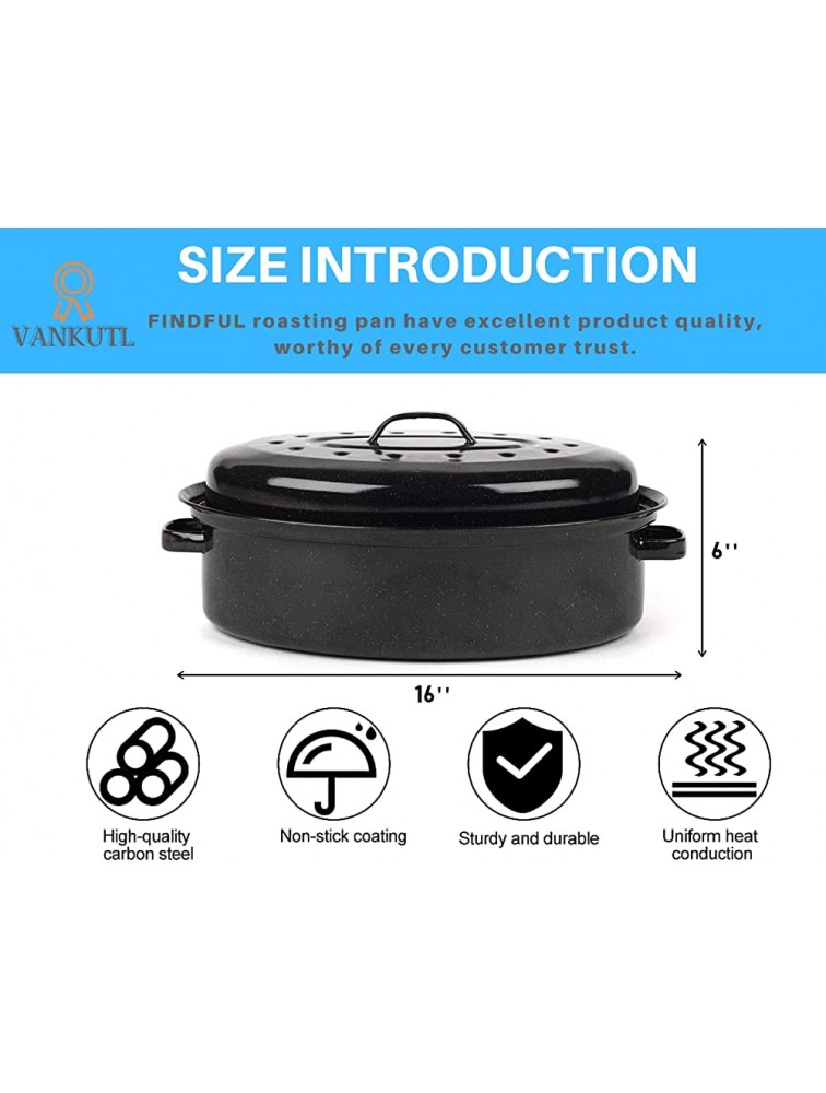 16 Roasting Pan with Lid Covered Oval Roaster Enamel Carbon Steel Roaster Pot Excellent Heat Distribution and Non-sticky for Turkey Chicken Meat & Vegetables -Birthday and Holiday gifts - B7C6ALE8Q