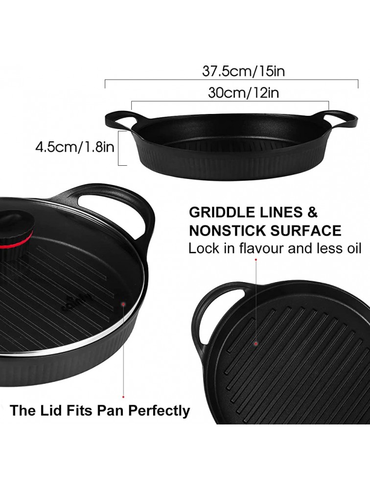Cainfy Nonstick Grill Pan for Stovetop with Lid The Cast Aluminium Griddle Pot Induction Compatible 11.5 inch Round Frying Pan Dishwasher & Oven Safe - B8OCI5RS4
