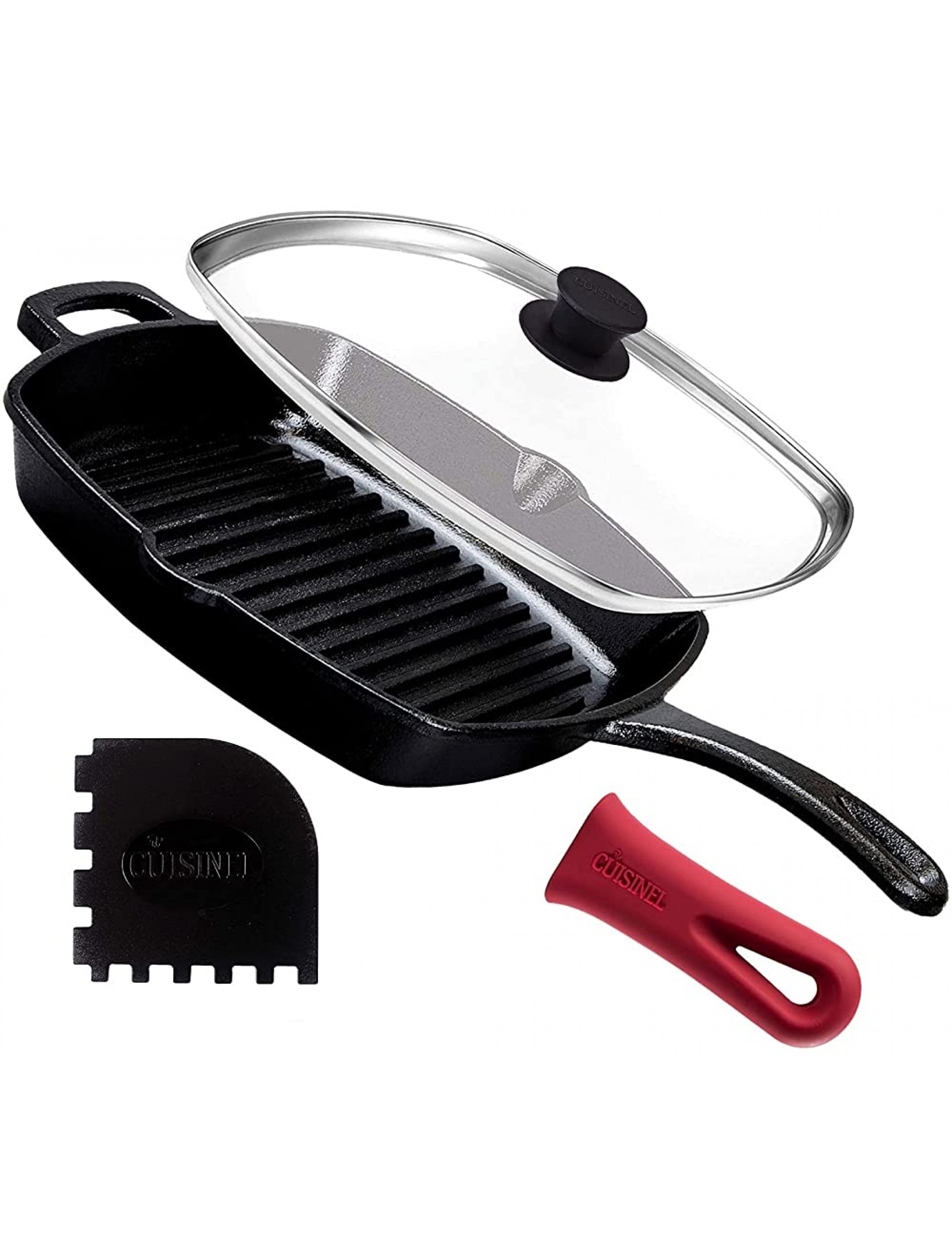 Cast Iron Square Grill Pan with Glass Lid 10.5 Inch Pre-Seasoned Skillet with Handle Cover and Pan Scraper Grill Stovetop Induction Safe Indoor and Outdoor Use for Grilling Frying Sauteing - BMGPE9HV8