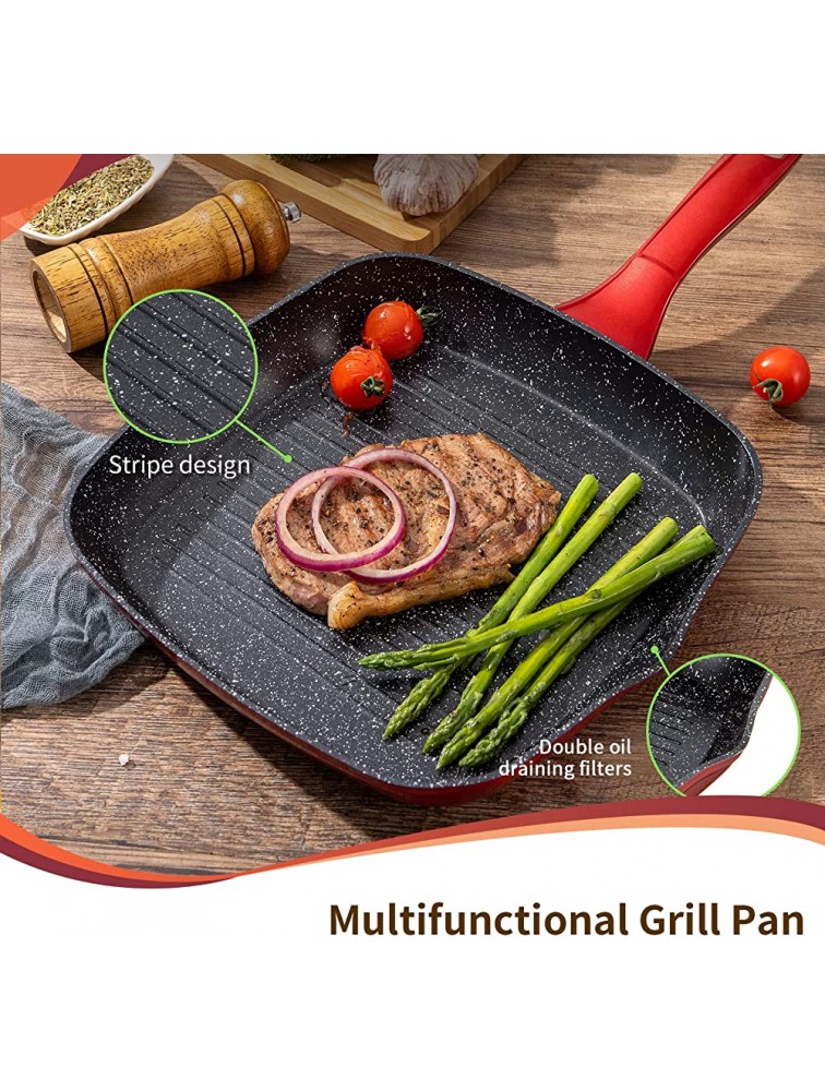 Grill Pan Nonstick Square Griddle Pan 10 inch with Cool Touch Handle Cooking Pan with Pour Spouts for All Stoves Induction Red - B47EIDIAO