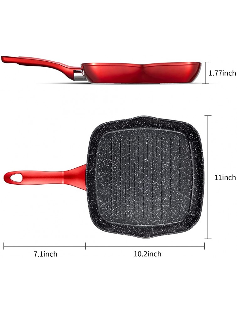 Grill Pan Nonstick Square Griddle Pan 10 inch with Cool Touch Handle Cooking Pan with Pour Spouts for All Stoves Induction Red - B47EIDIAO