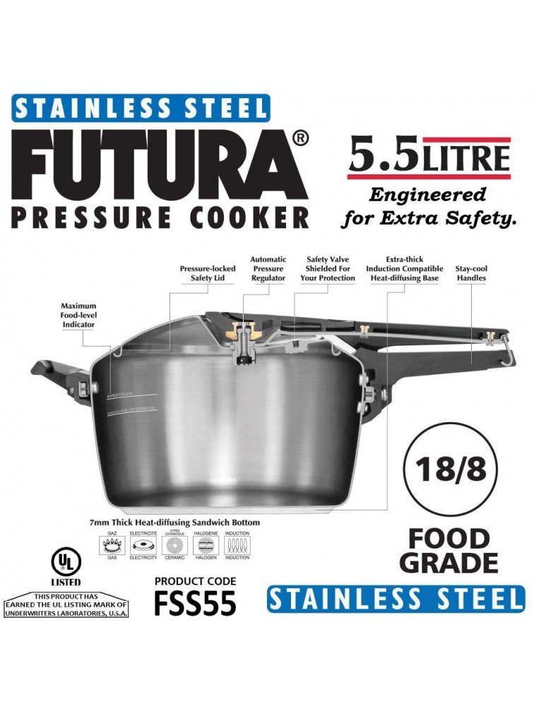 Hawkins-Futura F-56 Futura Induction Compatible Pressure Cooker 5.5-Liter Stainless Steel - BAWMSAWPS
