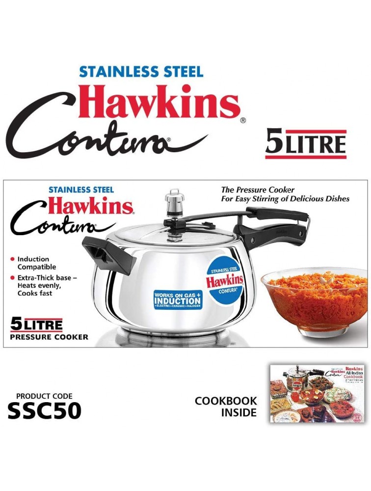 HAWKINS Hawkins Stainless Steel Contura Induction Compatible Pressure Cooker 5 Litre Silver SSC50 Medium - B6GMHVRHF