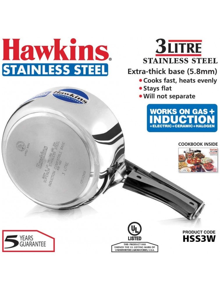 HAWKINS Hawkins Stainless Steel Induction Compatible Pressure Cooker,3 Litre,Silver HSS3W Wide,Medium - BQ5AMDK23
