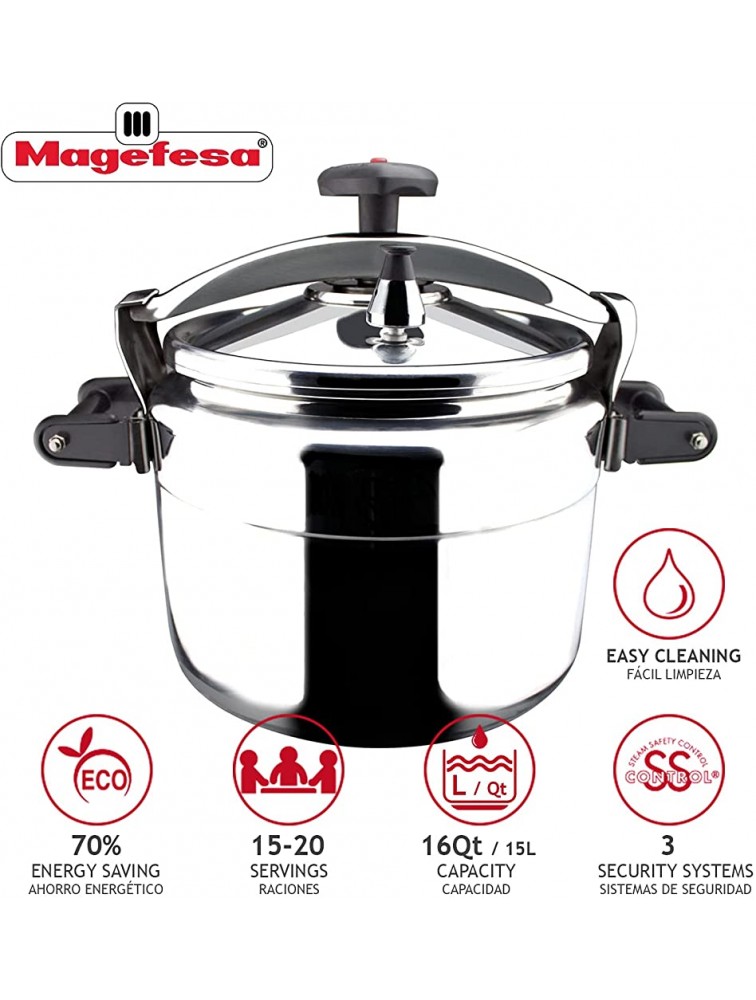 MAGEFESA Chef Pressure Cooker has a Thermodiffusion bottom 3 Security Systems. 16 Quarts - B53ZPIUSL