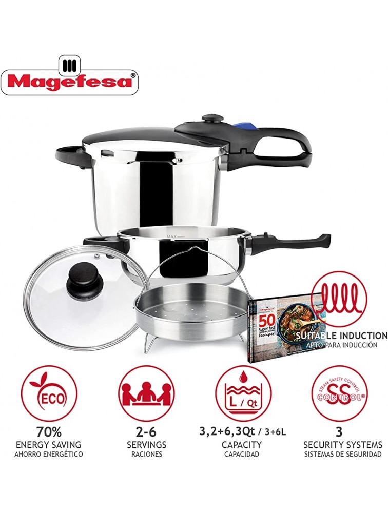 MAGEFESA FAVORIT SIX Super-Fast pressure cooker stainless steel suitable induction heat diffuser bottom 5 safety systems SPECIAL EDITION 3 + 6 QUART+ Steam basquet + Lid + Recipe book - BWLAEF8IE