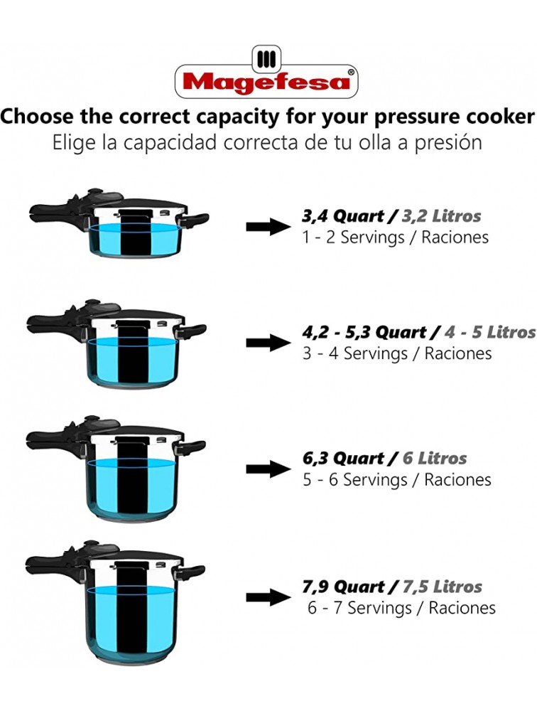 MAGEFESA FAVORIT SIX Super-Fast pressure cooker stainless steel suitable induction heat diffuser bottom 5 safety systems SPECIAL EDITION 3 + 6 QUART+ Steam basquet + Lid + Recipe book - BWLAEF8IE