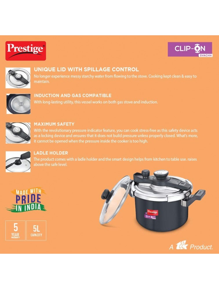 Prestige Svachh Clip-on 5 Litre Hard Anodised Pressure Cooker Black - BRY8141XX