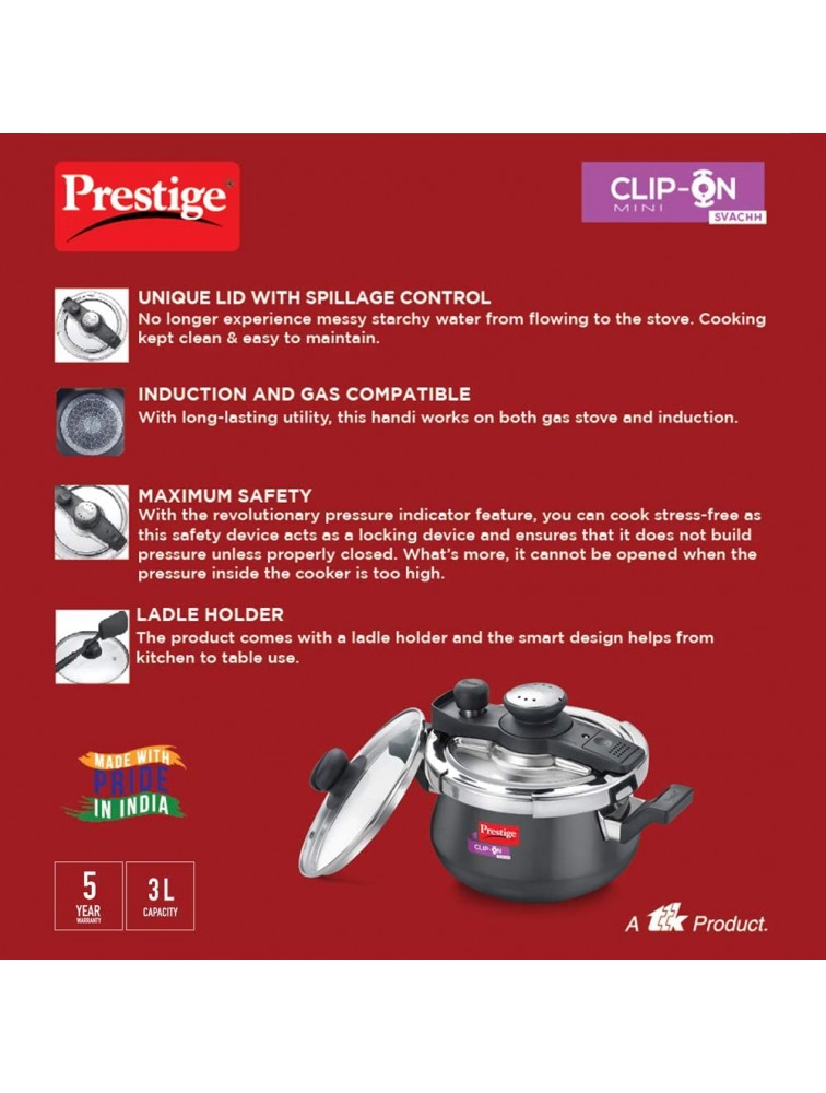 Prestige Svachh Clip-on Mini Hard Anodized 3 Litre Pressure Handi Black - B93VBVXN6