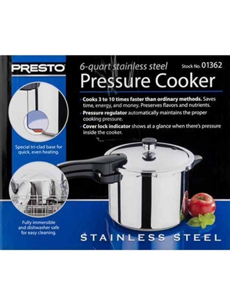 Presto 01362 6-Quart Stainless Steel Pressure Cooker Presto 6-Quart Stainless Steel Pressure Cooker 6 QT METALLIC - B1PHW04EO