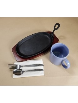 Cast Iron Steak or Fajita Plate 9 x 5 1 2 with Wooden Holder and Handle - B82ATW86K