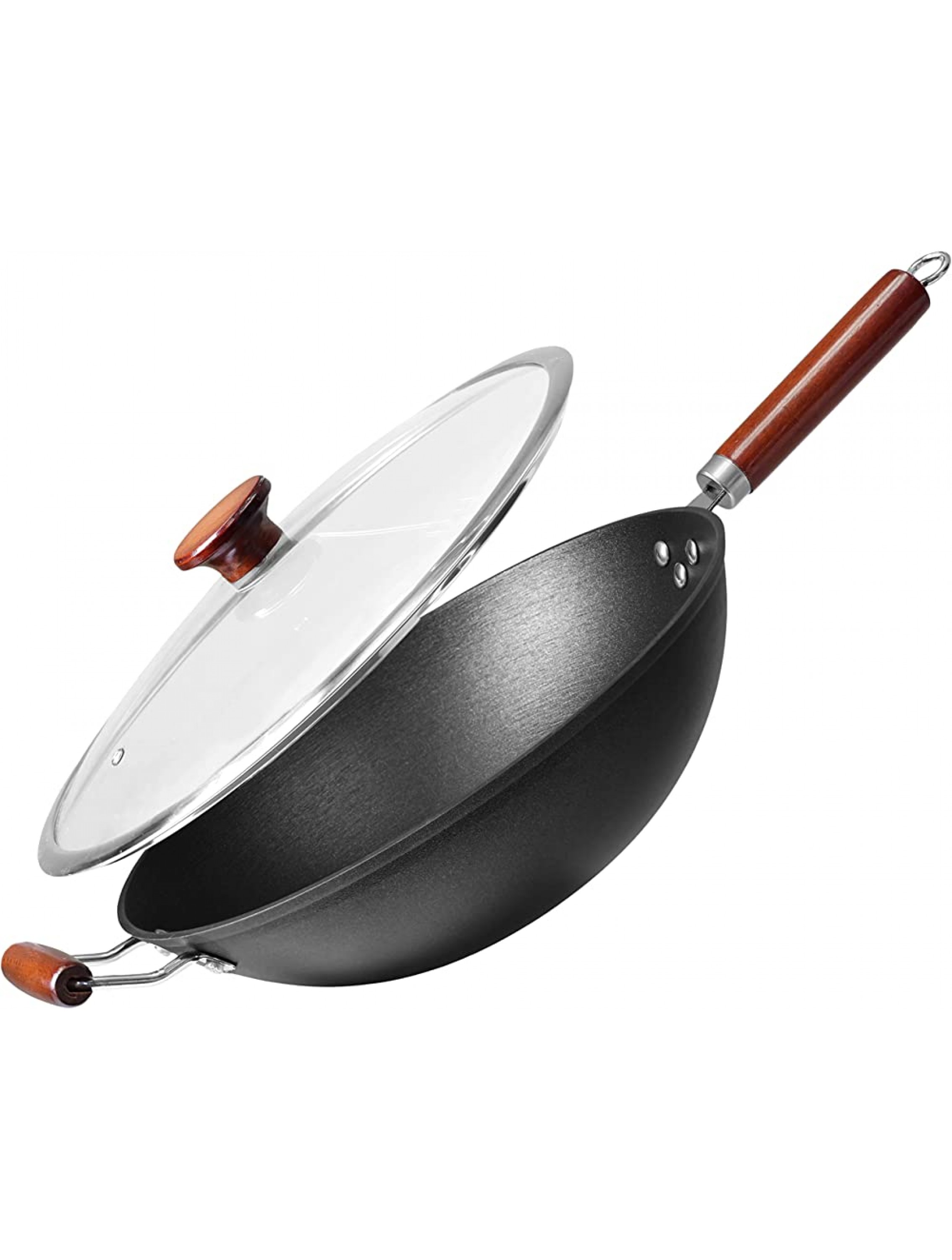 Light weight Cast Iron Wok Stir Fry Pan Wooden Handle with Glass lid 14 Inch chef’s pan pre-seasoned nonstick commercial and household for Chinese Japanese and others Cooking - B4UALS9LM