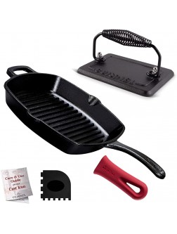 Cast Iron Grill Pan Square 10.5"-Inch Pre-Seasoned Ribbed Skillet + Handle Cover + Pan Scraper + Grill Press Cast Iron Burger Press for Bacon Steak & Hamburgers 6.75"x4.5"-inch Rectangular - B88HZMVHO