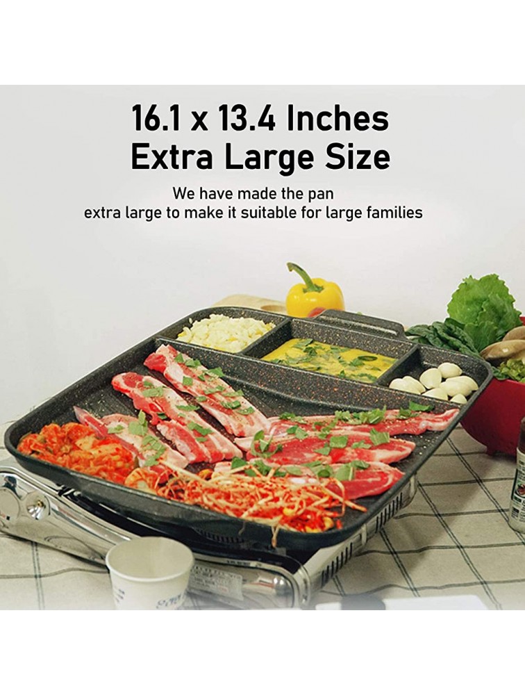 Letusto 6-Layered Ceramic Marble Coated Indoor Grill Pan for Indoor Barbecue18.5 x 13.4 inches Square 3 Side Dividers for Multifunctional Use Korean BBQ Grill for Meat & Vegetables Kimchi - B0OY8905Y
